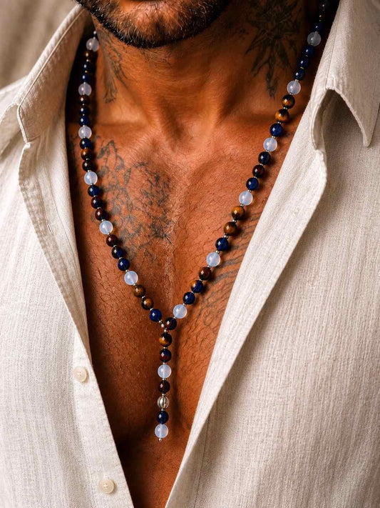 Collana ARKAN - Pietre Naturali di Agata Blu, Acqua Marina e Occhio di Tigre
