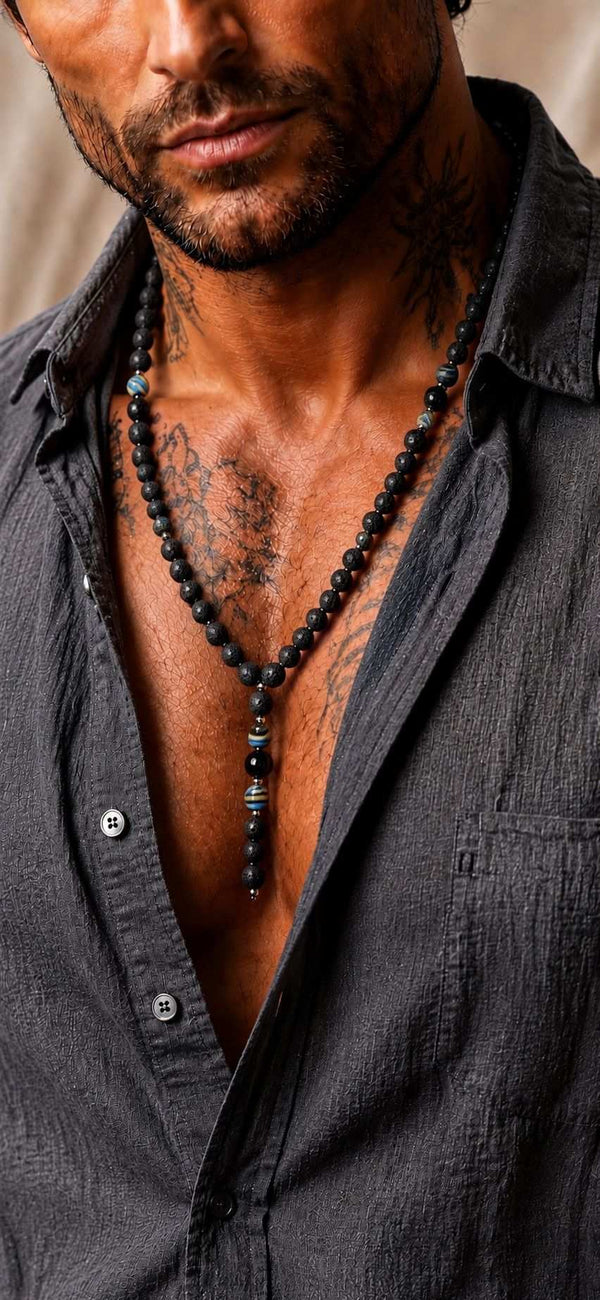 Collana ARKAN - Pietre Naturali di Pietra Vulcanica, Onice Nera e Agata
